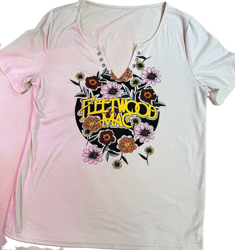 Fleetwood Mac Hippie Floral Tee V Cut Boho 70s Sz L (f15)